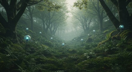Mystical forest path illuminated by glowing orb-like alien structures
