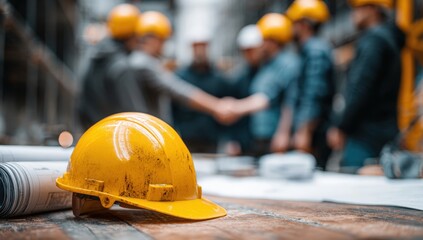 Construction workers in meeting, blueprints and helmet