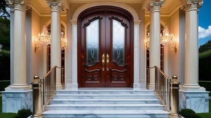 A Luxury mansion entrance with tall double mahogany doors featuring intricate carvings, gold-plated handles shaped like lion heads, decorative glass inserts with beveled edges.