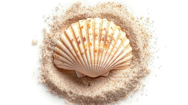 A shell buried in white sand, ideal for beach-themed or ocean-inspired designs