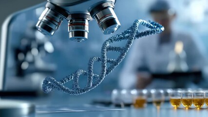 A microscope examines a DNA strand in a laboratory setting. This science video shows a scientist working on research, conducting studies, and performing analysis to discover new findings