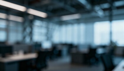 Obraz premium Abstract Blurred Office Interior with Workstations, Desks and Chairs, Creating a Modern Workplace Background