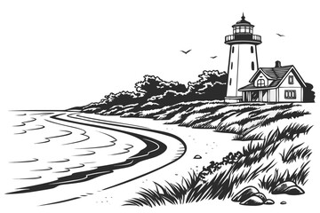 Coastal Lighthouse and Dwelling Illustration.