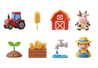 3d icon of farmthemed 3d icons including a tractor, barn, cow, and farmer, isolated on transparent background