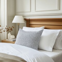 Stylish patterned throw pillow on bed