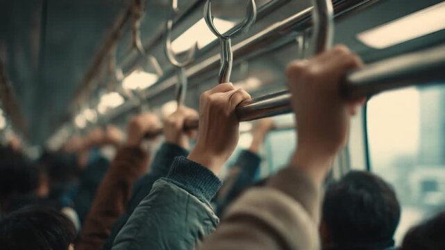 Journey of Unity: A glimpse into the daily commute within a subway carriage, showcasing the collective experience of urban transit as hands grasp supporting handles. 