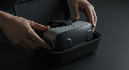 Hands carefully placing a vr headset in a protective case