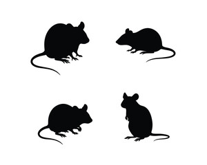 Four silhouettes of mice in different poses against a white background illustrating various actions and positions