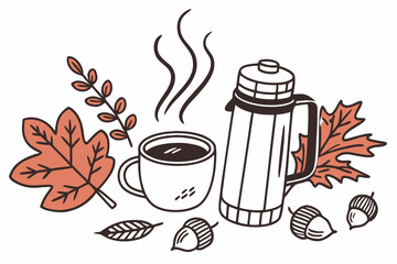 Cozy Autumn Coffee Break with Thermos and Leaves.