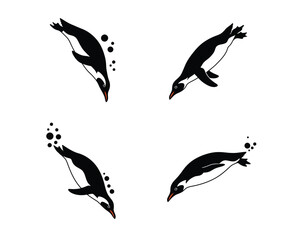 Four stylized black and white illustrations of penguins diving and swimming underwater with bubbles against a white background