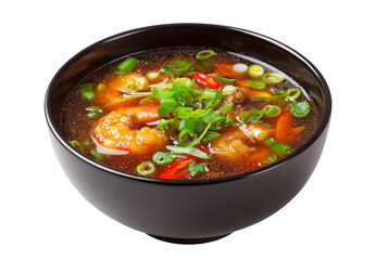 isolated black bowl with fish soup 