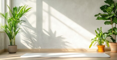 Sunlight bathed room with plants and mat