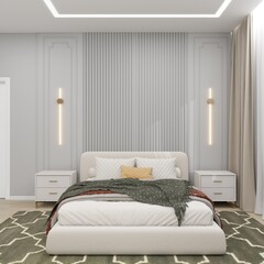 Elegant bedroom with a soft upholstered bed, cozy pillows, geometric rug, and vertical wall panels with modern lighting, creating a calm and stylish atmosphere