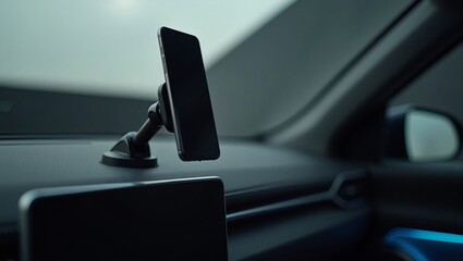 Smartphone holder mount attached to car dashboard for hands-free mobile device use, convenient driving and navigation accessory