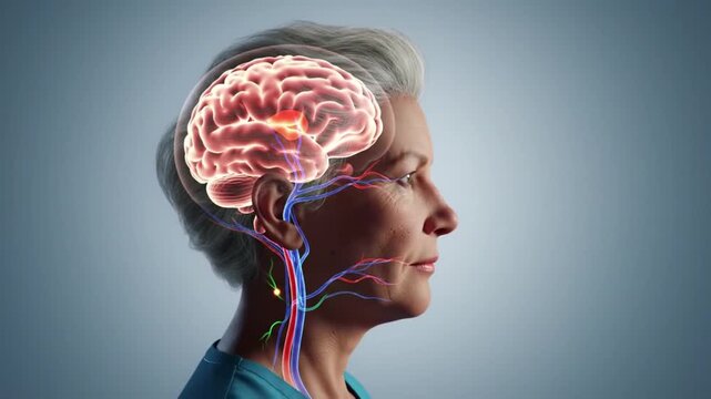 Senior Womans Brain and Nervous System with Neural Activity - Medical 3D Animation