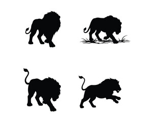 Collection of four distinct lion silhouettes showcasing different poses and majestic mane styles on a white background