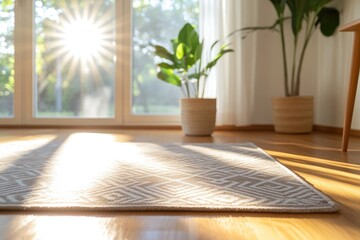 Sunlight on patterned rug in bright room
