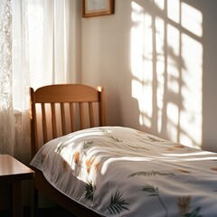 Sunlight streaming through window into simple bedroom