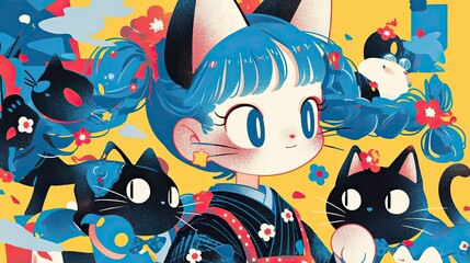Illustration of a girl with cat ears and blue hair surrounded by black cats in a vibrant, colorful setting