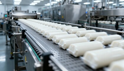 Fototapeta premium Automated Food Production Line: Packaged Product Conveyor System in a Modern Factory Environment