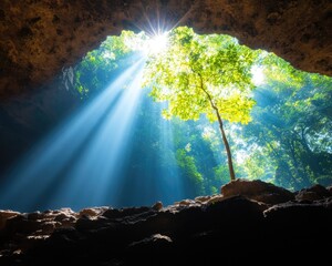 Sunlight streams through cave opening
