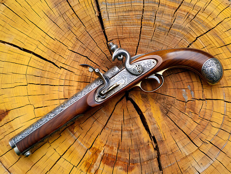 Antique ornate flintlock pistol with intricate metalwork and polished wooden stock resting on a weathered tree stump showcasing its historical craftsmanship