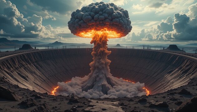 A massive nuclear explosion erupts in a desolate landscape, leaving a gaping crater filled with fiery debris and thick, ominous smoke.