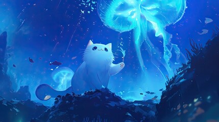 A whimsical white cat explores an underwater realm filled with glowing jellyfish and vibrant marine life.
