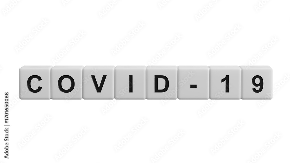 Poster Covid-19.wooden cubes spelling.Flat lay view from above on yellow background with wooden cubes buttons.IT technology concept.Supports PNG files with transparent backgrounds.