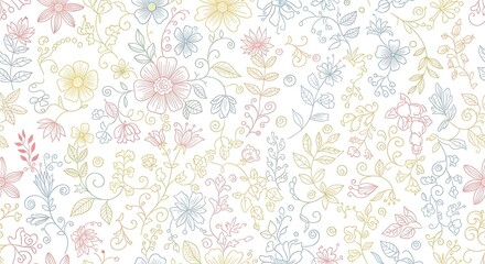 Delicate pastel floral pattern with whimsical swirling vines and tiny blossoms, evoking a light and airy aesthetic