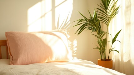 Sunlit bedroom interior with pillow