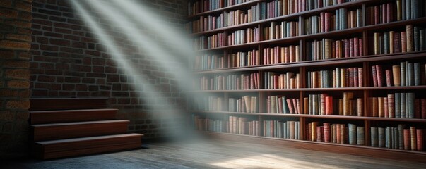 Sunlit library bookshelves