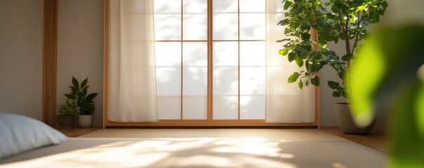 Sunlit room with plant and wooden window
