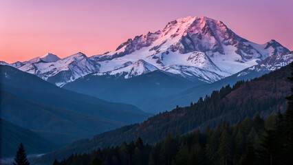 Fototapeta premium Majestic snow-capped mountain range bathed in soft twilight hues beautiful scenery
