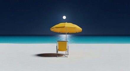 Tranquil Moonlit Beach Scene with Yellow Umbrella and Lounge Chair on White Sand at Night