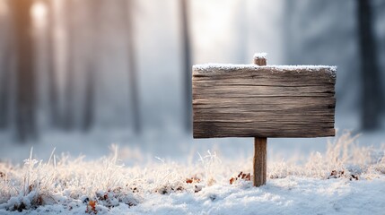 Fototapeta premium Blank rustic wooden sign in snowy winter forest with frosty grass