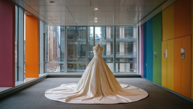 Elegant Wedding Dress Displayed in Modern Rainbow Hallway.