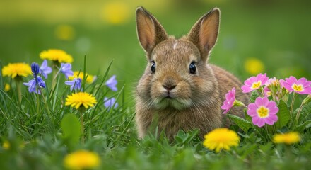 Fototapeta premium Adorable brown bunny in a vibrant meadow surrounded by colorful wildflowers