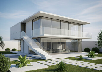 Modern Two-Story House: Architectural Render of a Winding Staircase, White Concrete, and Glass