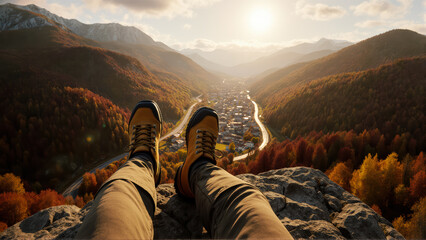 Rugged yellow boots contrast with vibrant fall colors below. Ideal for travel campaigns.
