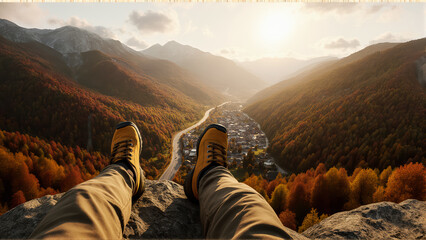 Golden sunlight enhances depth of picturesque valley. Perfect for tourism ads.