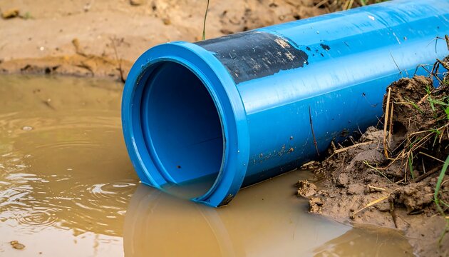 Blue plastic pipe in muddy water