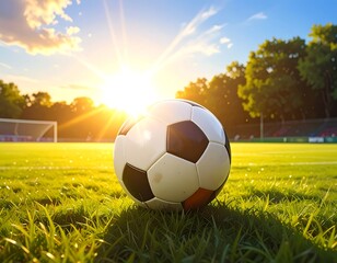 A soccer ball rests on a grassy field bathed in golden sunlight, highlighting the vibrant atmosphere of a sunny afternoon .
