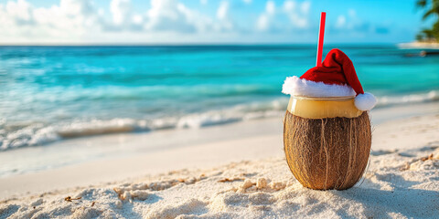 Coconut drink wearing Santa hat with red straw on white sandy beach against turquoise ocean background, symbol of tropical Christmas holiday vacation concept, daylight, copy space