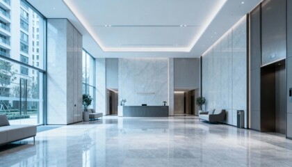 Fototapeta premium Modern Lobby Interior with Marble Walls, Polished Floors, and Natural Light