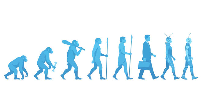 Human evolution from ape to robot, representing technological advancement and the future of humanity.