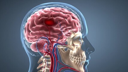 3D Medical Animation of Human Brain with Highlighted Area Indicating Disease or Injury