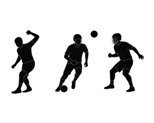 Dynamic silhouettes of three male soccer players in action isolated on a white background