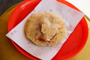 Street food stand serving fried tamales, gorditas and empanadas in Mexico City.