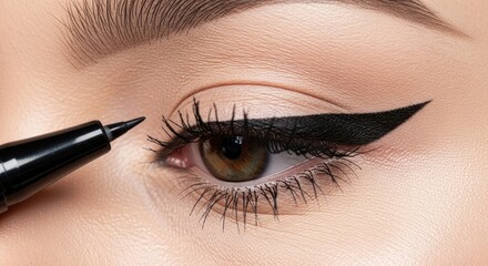 A woman applying eyeliner to her eye with a black eyeliner pencil.